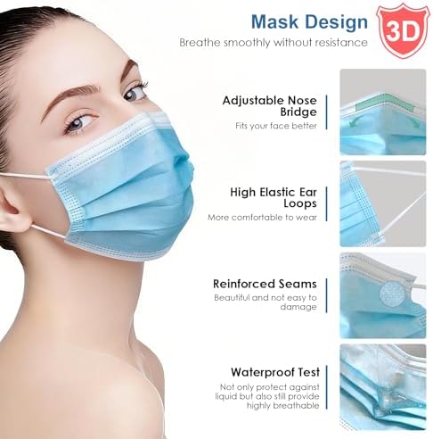 NNPCBT Blue Disposable Face Masks 100 Pack,Mask for Adults Outdoor Indoor
