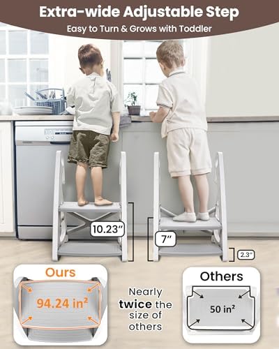 Primlect Potty Training Toilet, 2-in-1 Stable Potty Seat with Step Stool | Adjustable Seat and Step Height, Extra Wide Step, Anti-Slip Pad, Splash Guard, for Boys and Girls, Grey