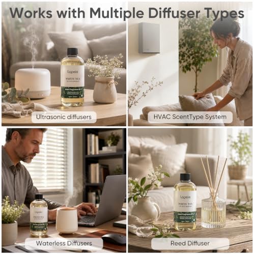 Lopeie White Tea Diffuser Oil – Essential Oil for Diffuser, Air Freshener & Room Spray – Long-Lasting with Notes of Tea, Neroli & Bergamot – Hotel Scent for Ultrasonic & Waterless Diffusers, 8.5 fl.oz