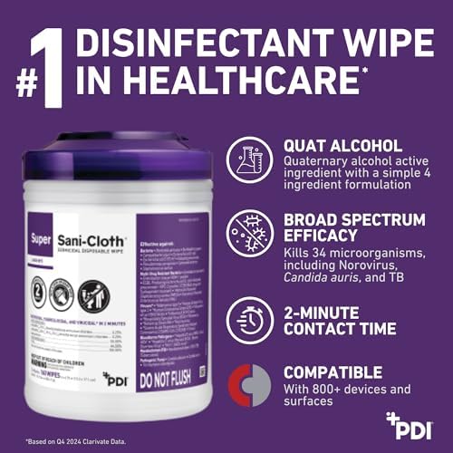 Super Sani-Cloth X-Large Germicidal Disposable Wipe, Hospital-Grade Disinfection, Purple Top, 1 Canister of 75 XL 5'' x 8'' Wipes