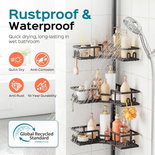 HAMITOR Shower Caddy Tension Pole: 4-Tier Adjustable Corner Organizer Black