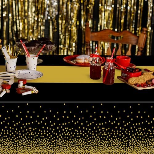 4Pack Black and Gold Tablecloths for Events, 54" x 108" Plastic Table Cloth Disposable for Rectangle Tables, Waterproof Table Cloth Cover for New Years Eve Decorations Holiday Birthday Wedding Dining