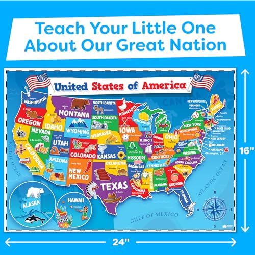 United States and World Map For Kids Classroom Posters 2pc Set - 24” x 16” Waterproof US and World Map for Classroom Decor Posters - Teacher Classroom Must Haves - Homeschool Back to School Supplies