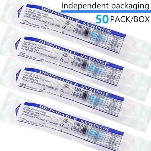 Luer lock 1ml Syringe with 23G 1inch/25mm Lab Supplies for Scientific Research, Industrial Dispensing or Liquid Measuring, 50Pack
