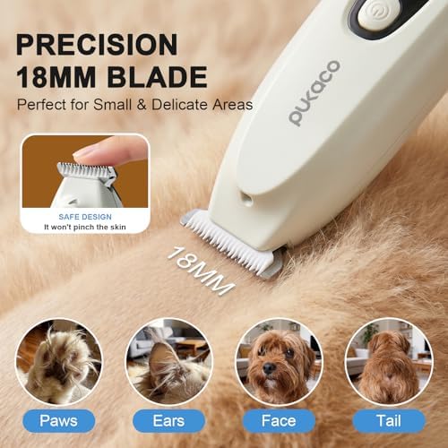 Upgraded Mini Dog Paw Trimmer with LED Light, Low Noise Small Pet Hair Trimmer 18mm Wide Curved Blade, 35dB Cordless Waterproof Pet Paw Grooming Clippers for Dogs, Cats, Paws, Ears, Face, Rump