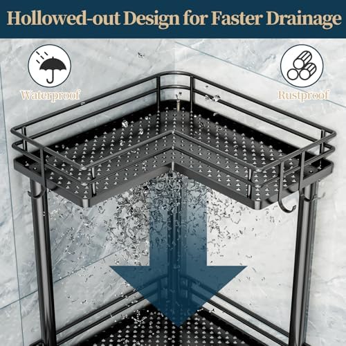 Consumest Corner Shower Caddy Standing - 3-Tier Stainless Steel Shower Organizer with Soap Holder and 4 Hooks, Large Capacity Corner Shelf Stand for Bathroom, Rest Room, Black