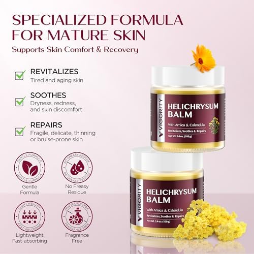 Vigority Helichrysum Balm Soothes & Repairs: Restorative Arnica Cream with Calendula for Fragile, Thin Skin & Bruise-Prone – Moisturizes, Revitalizes & Strengthens Skin Barrier for Adult Seniors 3.4oz