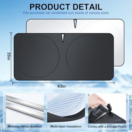 JUSTTOP 300T Car Windshield Sun Shade, Universal Foldable Reflective Sun Shade with Storage Bag, Car Interior Accessories, Fit for Cars Trucks SUVs(63" L x 35" W)