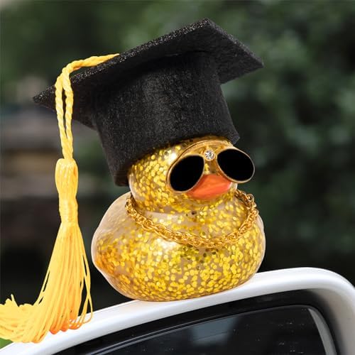 wonuu Car Dashboard Decor Graduation Hat Color Rubber Duck, Car Ducks Ornaments with Mini Graduation Hat Necklace Sunglasses (Gold)