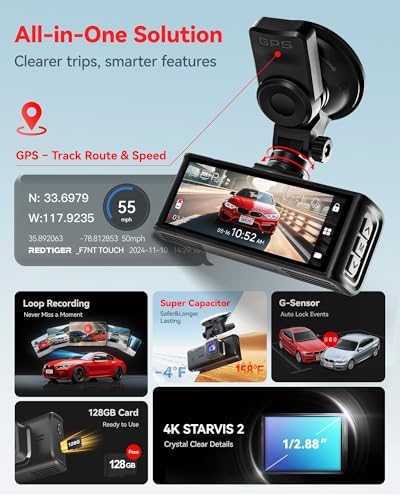 REDTIGER 4K STARVIS 2 Dashcam Front Rear, 5GHz WiFi 20MB/s, Free 128GB Card
