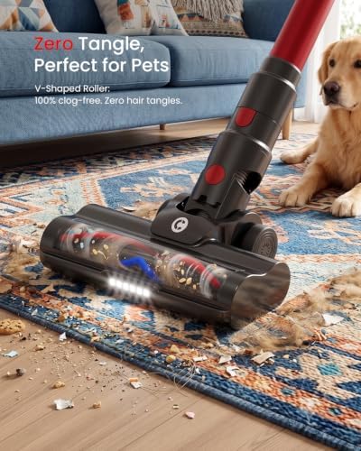 CHEBIO Lightweight Cordless Vacuum Cleaners for Home, Stick Vacuum Cordless Rechargeable with 45kPa Suction,45-Min Run,Anti-Tangle and Self-Stand, 6 in 1 Hardwood Vacuum Cleaner (red)