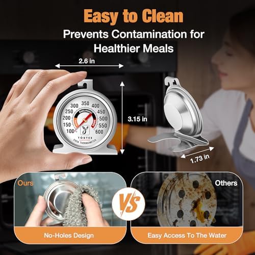 2-Pack Oven Thermometer, Upgraded 100-600°F No-Holes Non-Discoloring Easy-to-Clean for Healthier Cooking, Easy-to-Read with Large Bright Numbers for Gas & Electric Ovens, Grills, and Smokers