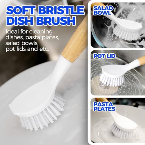 Holikme 3 Pack Dish Brush with Bamboo Handle Cleaning Brush,White Black