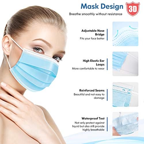 HDFK Face Mask Disposable Adults 3Ply Non-Woven with Nose Clip Blue 50Pack