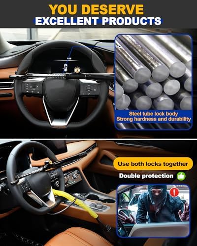 Tevlaphee Steering Wheel Lock Anti-Theft Device Security Car Lock Anti Theft Car Device Visible Antitheft Locking Devices Adjustable Car Wheel Lock for Cars with 3 Keys (Black)