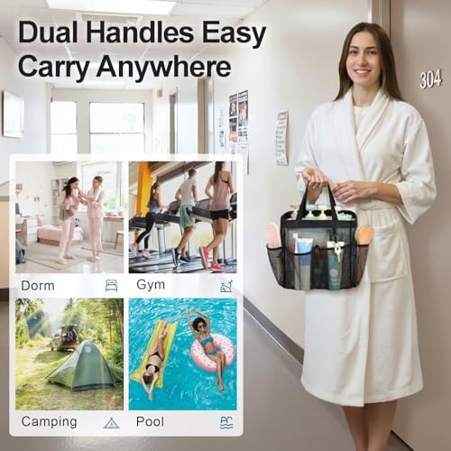 Mesh Shower Caddy Portable - 8 Pockets, S-Hook, Shower Bag for Dorm Camping