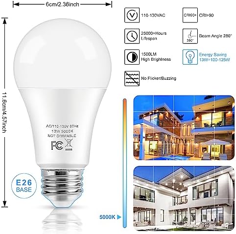 LED Light Bulbs, 100 Watt Equivalent A19, 13W 5000K Daylight White 1500 Lumens Non-Dimmable Bright E26 Edison Medium Screw Bulbs for Home Bedroom Kitchen Living Room Office Lamp, 4-Pack