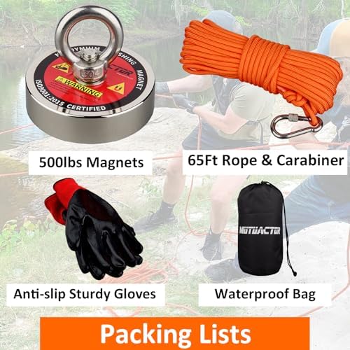 MUTUACTOR Magnet Fishing Kit,Φ2.36''Heavy Duty Neodymium N52 Magnet with 20m(64 Foot) Durable Rope,500lbs Pulling Force Permanent Strong Rare Earth Magnets for Lifting Objects Hunting Lost Treasures