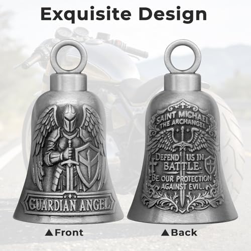 St. Michael Motorcycle Bell Guardian Angel Gremlin Biker Bells for Luck with Motorcycle Bell Hanger, 2 Key Chain Ring Accessories, Velvet Pouch