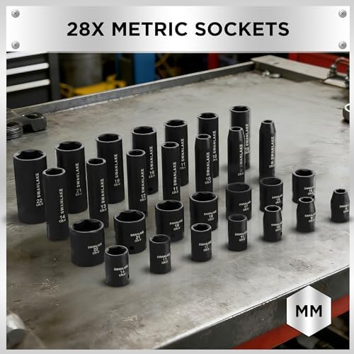 SWANLAKE 3/8'' Drive Impact Socket Set, 50-Piece Standard SAE (5/16 to 3/4 inch) and Metric (8-22mm) Size, 6 Point, Cr-V, 3/8-Inch Ratchet Handle, Extension Bar, Universal Joint