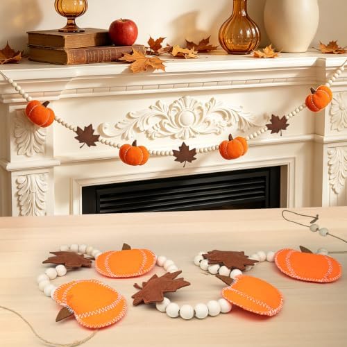 6.8 FT Fall Pumpkin Garland with Maple Leaves and Wood Beads, Autumn Decor