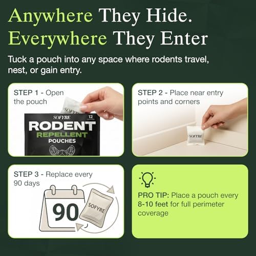 SoFyre Rodent Repellent Pouches 12-Pack Mouse Repellent for Home RV Garage Car Basement, Mice Indoor & Outdoor Deterrent, Peppermint Cinnamon Cedarwood Rat Repellent, Plant-Based Natural Pest Control