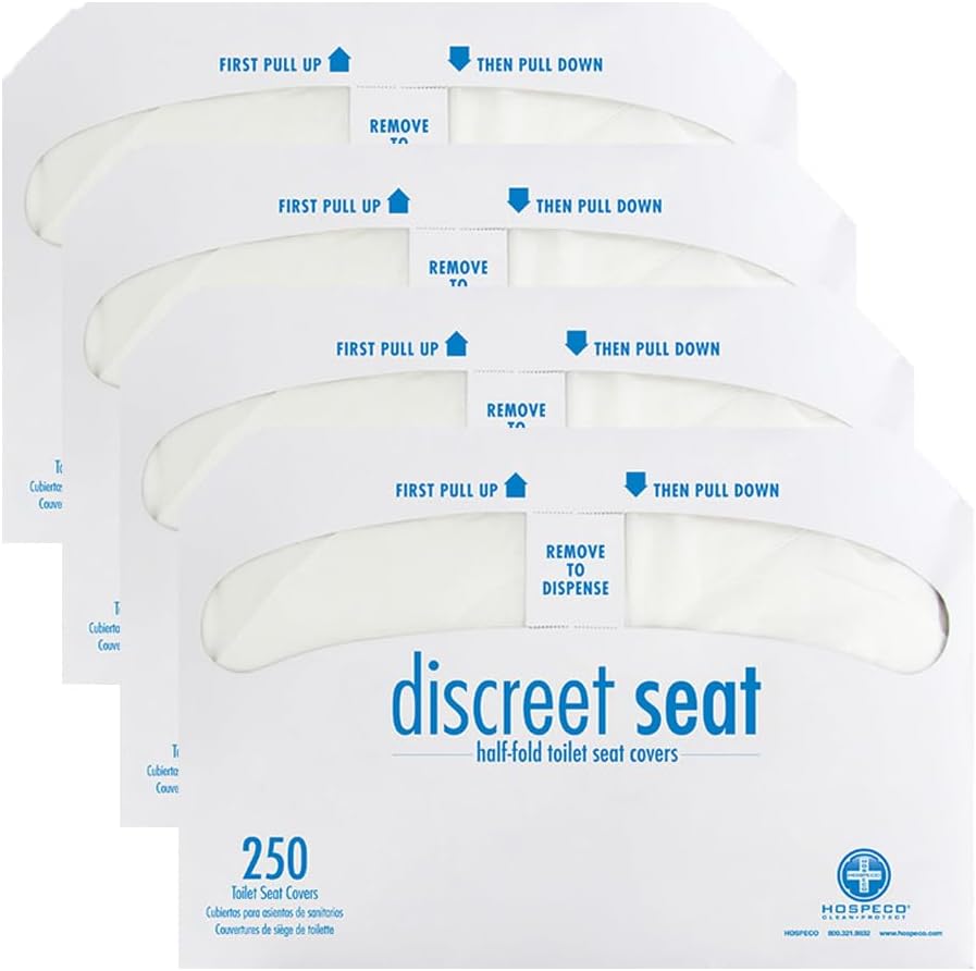 Hospeco Flushable Toilet Seat Covers - 1000 Pcs, 4 Packs of 250 - Disposable Paper Discreet Seats for Commercial Wall Dispenser, 16.75 x 14.25 Half-Fold, White