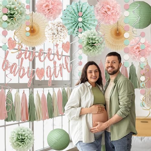 Sage Green and Blush Pink Baby Shower Decorations - Sweet Baby Girl Banner, Olive Green Lanterns, Streamers, Tissue Pom Poms, Paper Fans, Pink Beige Boho Paper Tassel, Rustic Backdrop Decor