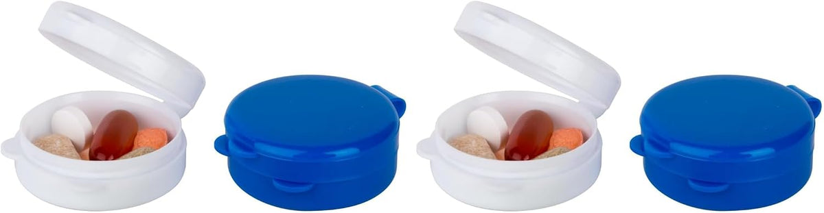 EZY DOSE Daily Round, Compact, Small, Disrcrete, Portable On-The-Go Pocket Pharmacy, Pill Box, Organizer and Vitamin Containers, Snap Shut Lids, Travel Friendly, Colors May Vary, 2 Pack, BPA Free