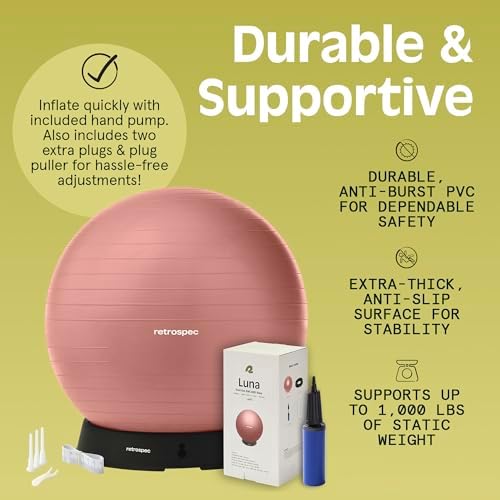 Retrospec Luna Exercise Ball with Pump - Anti-Burst Fitness Equipment for Yoga, Core Training & Stability - Home Gym Swiss Ball for Office & Pregnancy