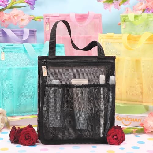 famichan Portable Mesh Shower Caddy, Gym Travel Camp Dorm Room Essentials for College Student Boy Girl, Bathroom Shower Bag - Black