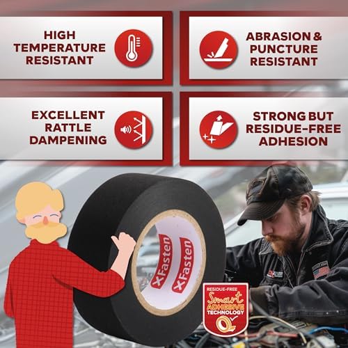 XFasten Wire Harness Tape, 3/4-Inch x 50-Foot (5-Pack), High Temp Wiring Loom Harness, Self-Adhesive Felt Cloth Electrical Tape for Automotive Engines, Noise Dampening, and Cable Protection