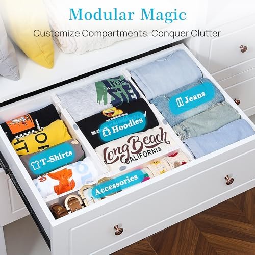 Vtopmart Drawer Dividers for Clothes 8 Pack, Adjustable 4" High Expandable from 11.3"-17" Dresser Drawer Organizer, Plastic Drawers Separators for Dresser, Baby Clothes, Kitchen and Office Storage