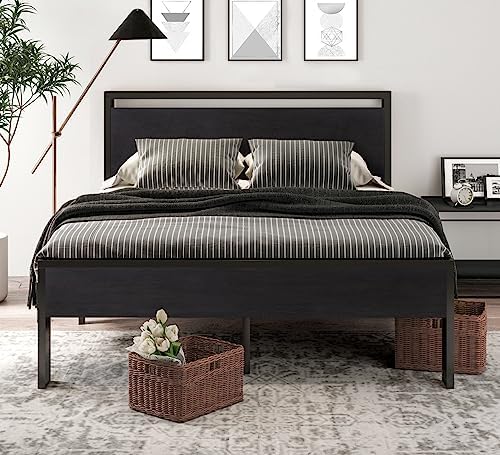 SHA CERLIN Full Size Bed Frame, Wooden Headboard and Footboard, Black Oak