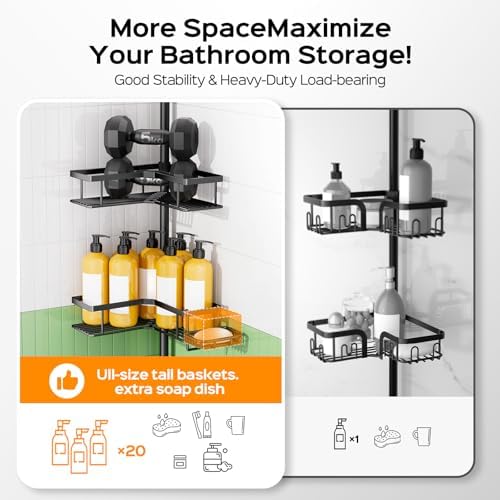 HAMITOR Shower Caddy Tension Pole: Corner Bathroom Organizer for Renters