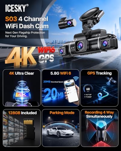 Icesky 4K Dash Cam Front and Rear Left Right with GPS, 20MB/s WiFi 6