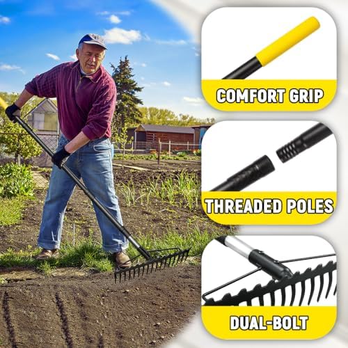 Bow Rake, 68-Inch Adjustable Handle Garden Rake with 17 Steel Tines, Heavy Duty Dual-Sided Metal Rake Landscape Gardening Tool for Soil Loosening Lawn Yard Leaves Mulch Thatch Removing