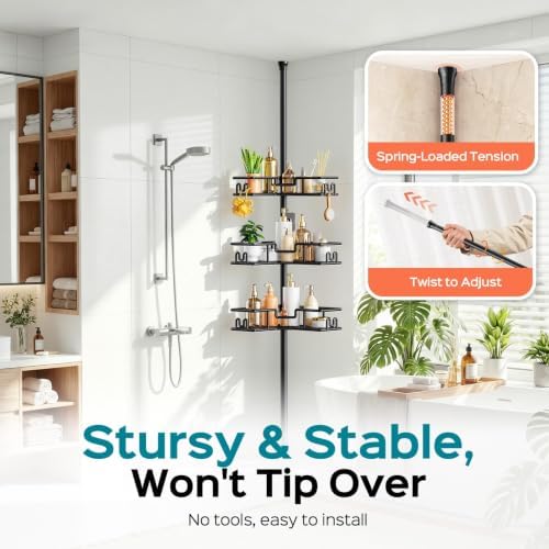 HAMITOR Shower Caddy Tension Pole: 4-Tier Adjustable Corner Organizer Black