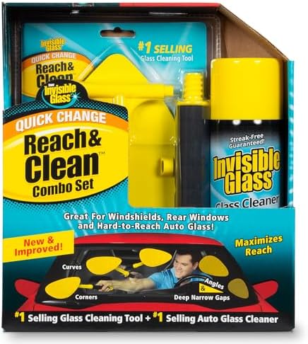 Invisible Glass 99031 Reach & Clean Glass Windshield Cleaner Tool Combo Kit With Premium Aerosol Glass Cleaner, Extendable Handle, (2) Reusable Quick Change Microfibers, and Storage Bag
