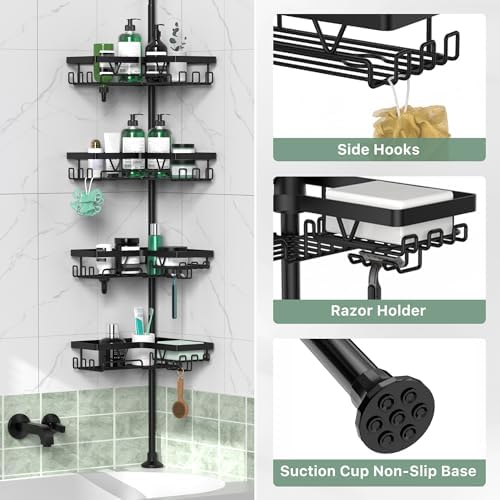 DAOYA Corner Shower Caddy Tension Pole 4 Tier Shower Caddy Organizer Black