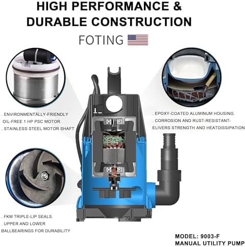 FOTING 1HP Sump Pump 4600GPH Clean/Dirty Submersible Water Pump