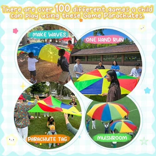 Sonyabecca Parachute, Kids Play Parachute 12ft with 12 Handles for Cooperation Group Game, Suitable for School, Outdoor, Summer Camp (12 Feet)