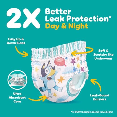 Pampers Easy Ups Girls & Boys Potty Training Pants, Size 5 (3T4T), 124 Count, Bluey Absorbent Training Underwear, Up to 100% Leakproof Day and Night, Hypoallergenic