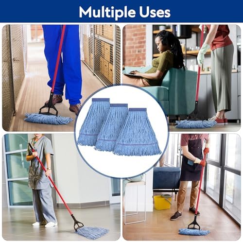 Matthew Cleaning Heavy Duty Mop Head Commercial Replacement for General and Floor Cleaning , Wet Industrial Blue Cotton Looped End String Head Refill (Pack of 3) Blue