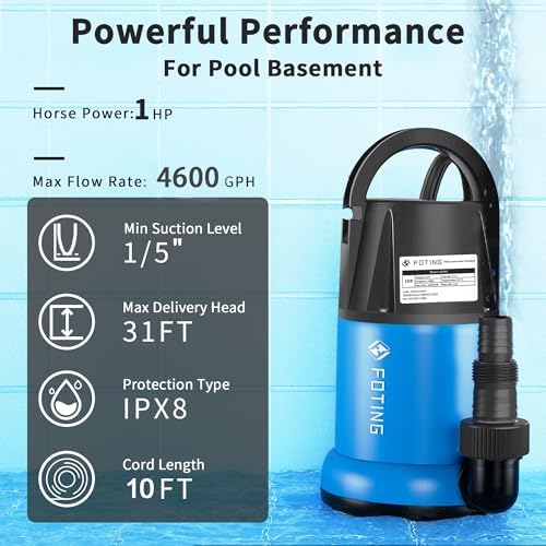 FOTING 1HP Sump Pump 4600GPH Clean/Dirty Submersible Water Pump