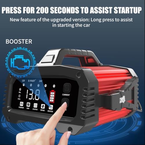 E-FAST 25A Smart Car Battery Charger, 12V/24V Automatic Automotive Battery Maintainer & Desulfator with 200s Booster Mode - Adjustable Amp Trickle Charger for Lead-Acid, AGM, Gel, LiFePO4