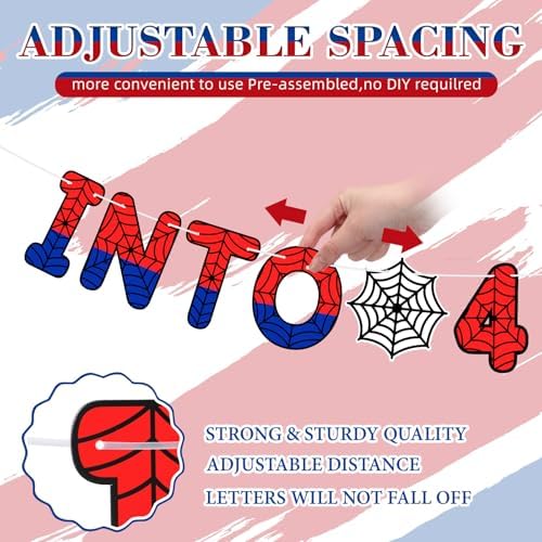 TaoBary Spider Theme 4th Birthday Banner Swinging into 4,Red and Blue