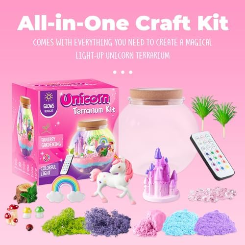 JOYEEMAX Unicorn Light-Up Terrarium Kit for Kids - LED Night Light Birthday Gift for Girls Ages 4 5 6 7 8-12 Year Old - Unicorn Toys for Girls - DIY Arts and Crafts Kit for Kids