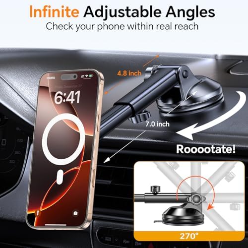 Coolpow for MagSafe Car Mount【Windshield+Vent+Dash】Magnetic Phone Holder for Car Phone Holder Mount Cell Phone Holders for Your Car Accessories Suction Phone Mount for Car Truck Stand for iPhone 17 16