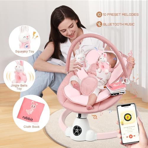 Uuoeebb Baby Swing for Infants, Portable Electric Baby Swings with Bluetooth, 5 Swing Speed, 10 Melodies, 5-Point Harness, Remote Control & Touch Panel - Infant Swing for Indoor & Outdoor Use, Pink